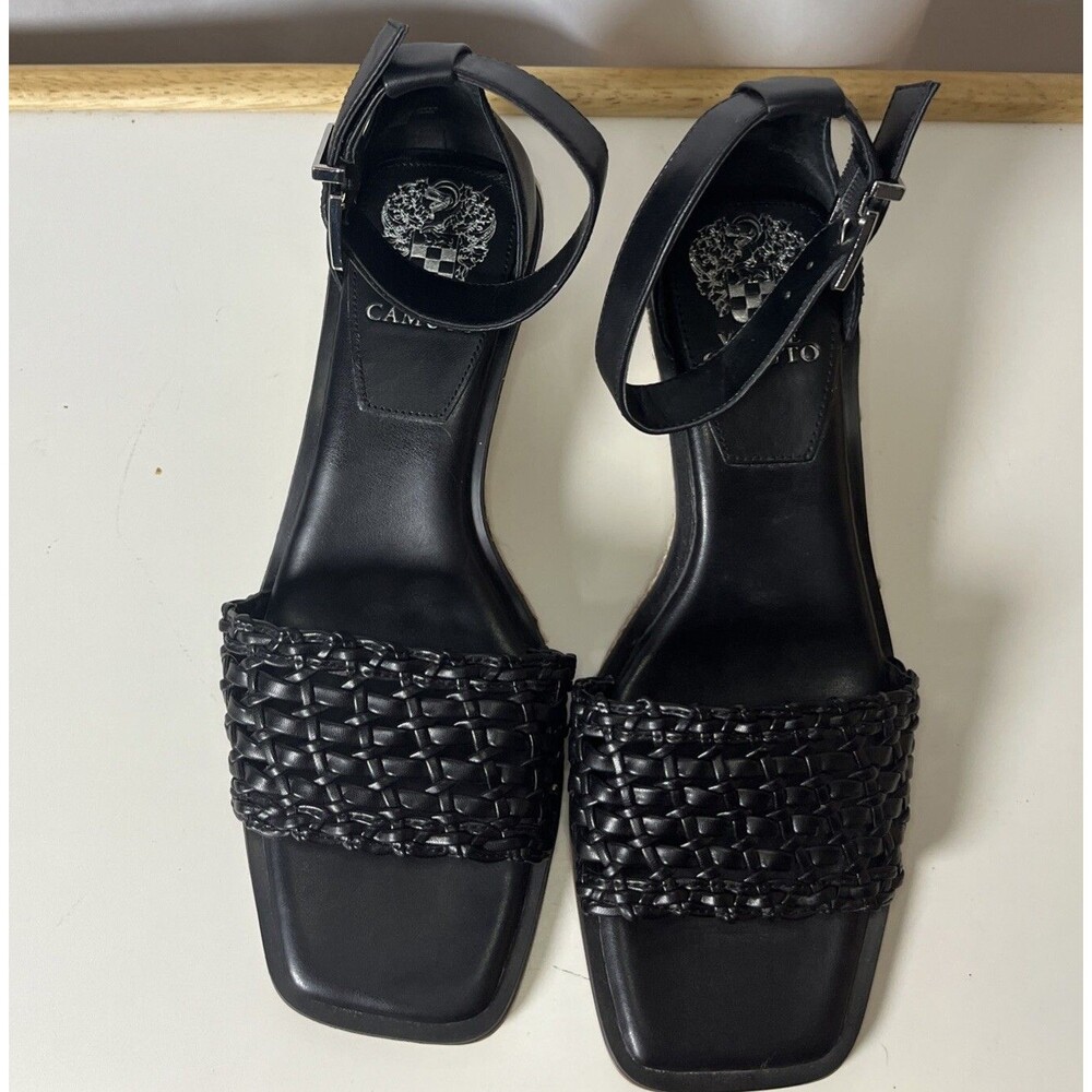 Vince Camuto Adjustable Espadrille Wedge Woman Sandals 8M USA Black Leather